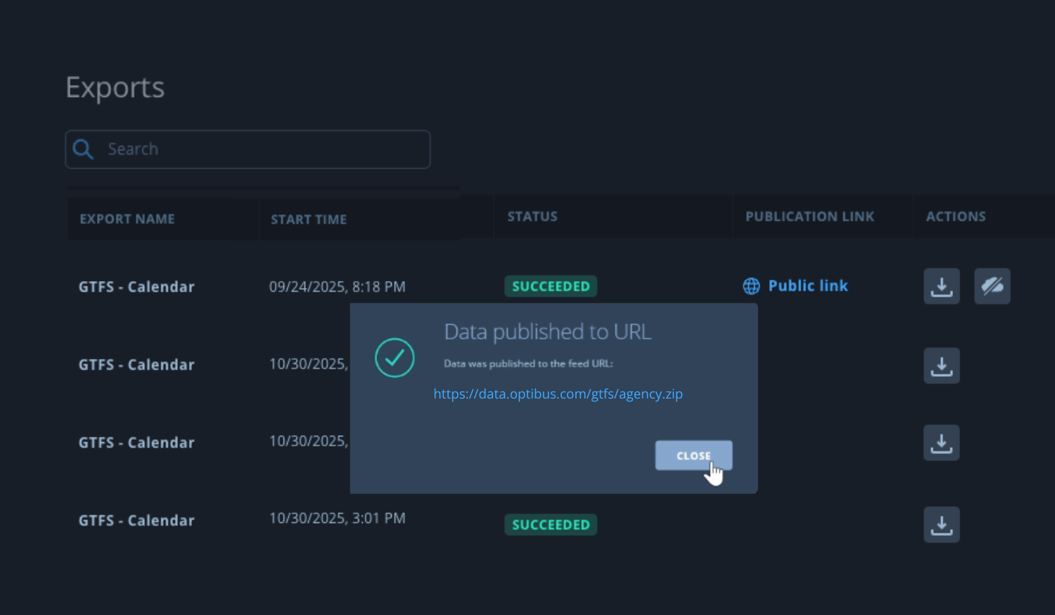 GTFS Exports Dashboard to Publish to External Publication Link Like a Website or Google Maps or Download or Unpublish