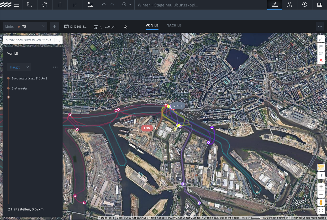 HADAG uses Optibus Planning to digitally recreate their entire transport network and discover ways to optimize route efficiency. Here, you can see several of HADAG’s ferry routes on the River Elbe just wes