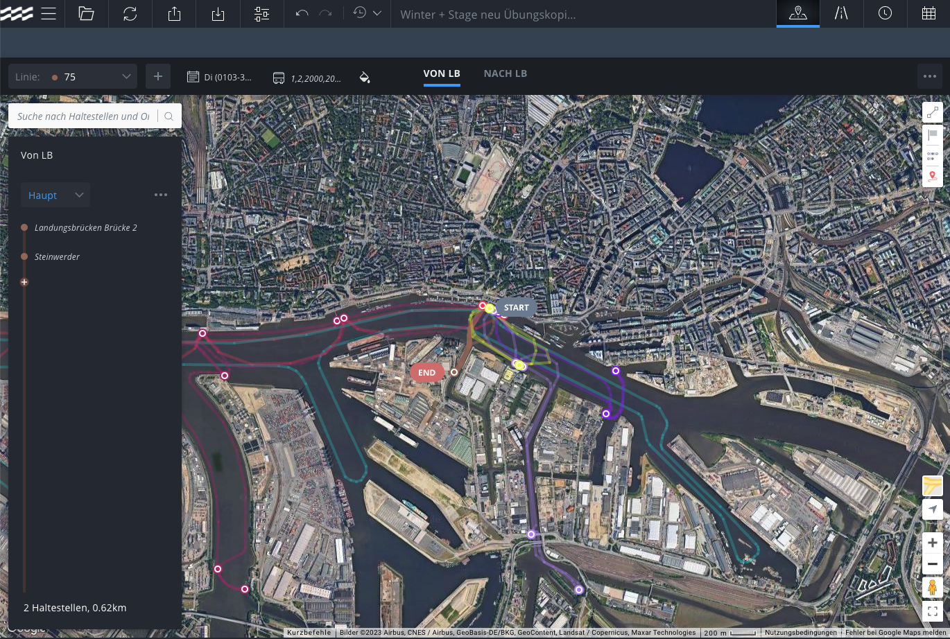 HADAG uses Optibus Planning to digitally recreate their entire transport network and discover ways to optimize route efficiency. Here, you can see several of HADAG’s ferry routes on the River Elbe just west of Hamburg’s city center. The