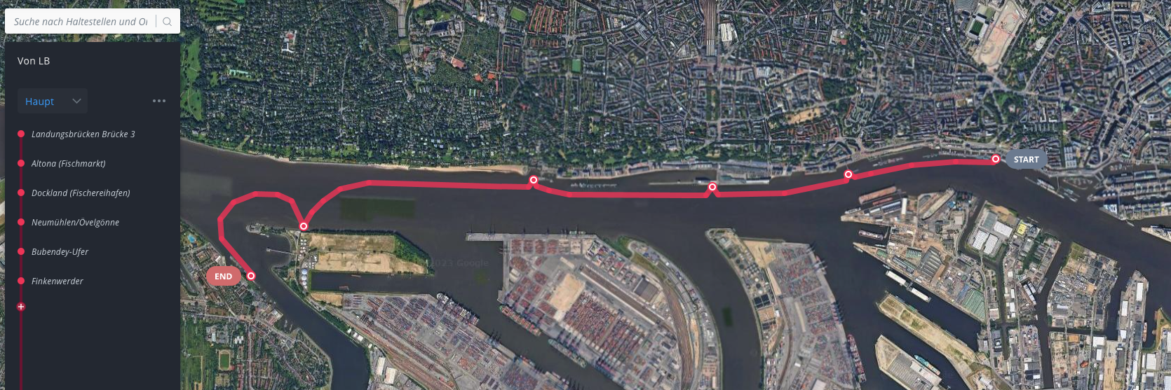 HADAG’s route 62, Landungsbrücken Finkenwerder, one of their key lines, recreated in Optibus Planning. Using satellite imagery and street-level data, planners can verify and adjust stop locations, and Optibus’ system will create an opt
