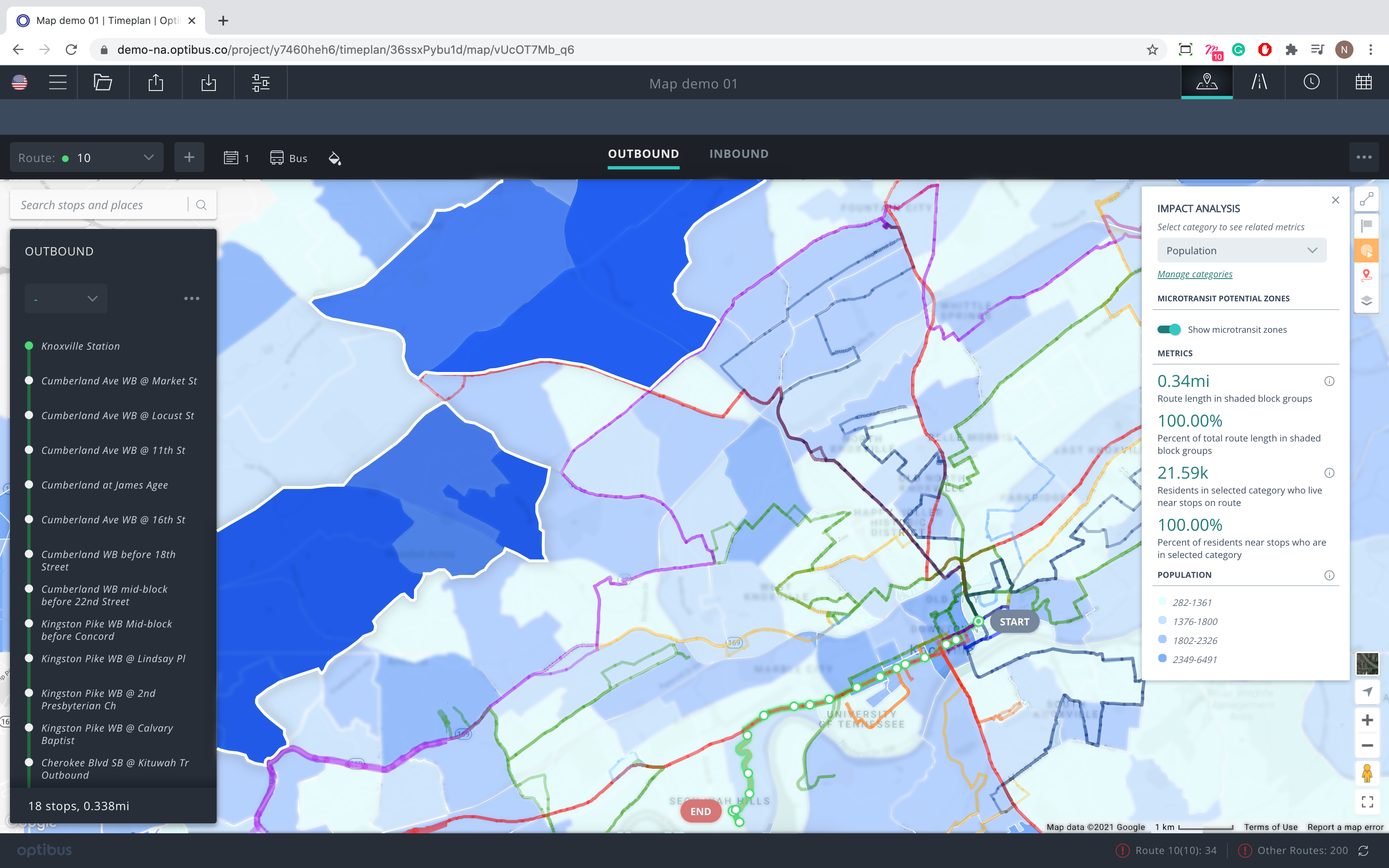 Sample map combining fixed-route and on-demand services.