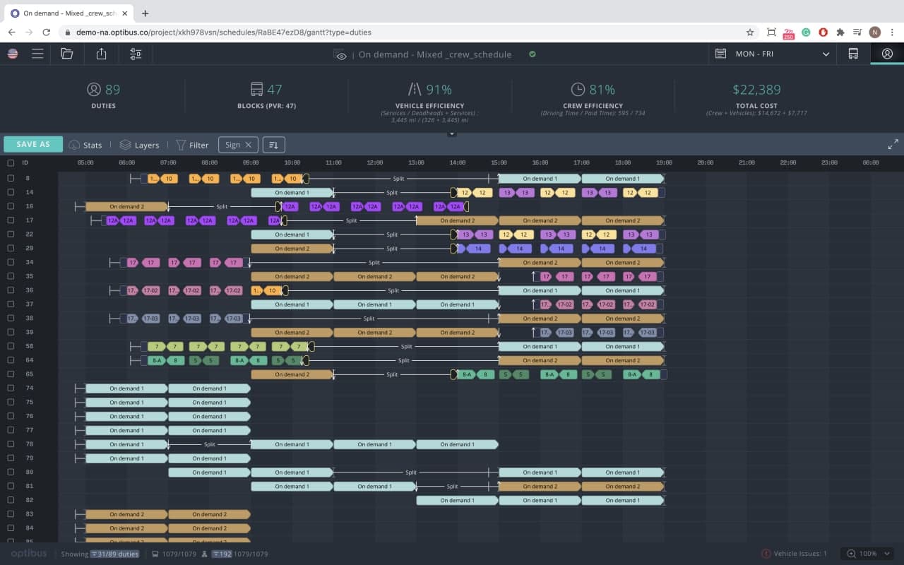 Sample schedule combining fixed-route and on-demand services.