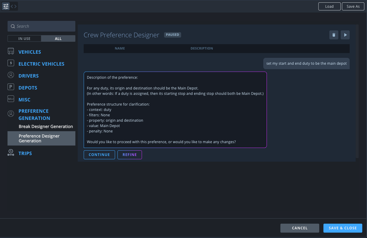 Optibus AI Preference Designer in Scheduling for planners and schedulers to easily build and test complex rosters while meeting compliance requirements