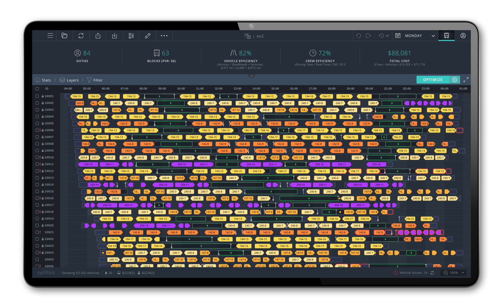 Optibus Electric Vehicle management tools support EV scheduling and planning needs, such as defining charging times, locations and minimum battery levels, making it easier to operate EV routes