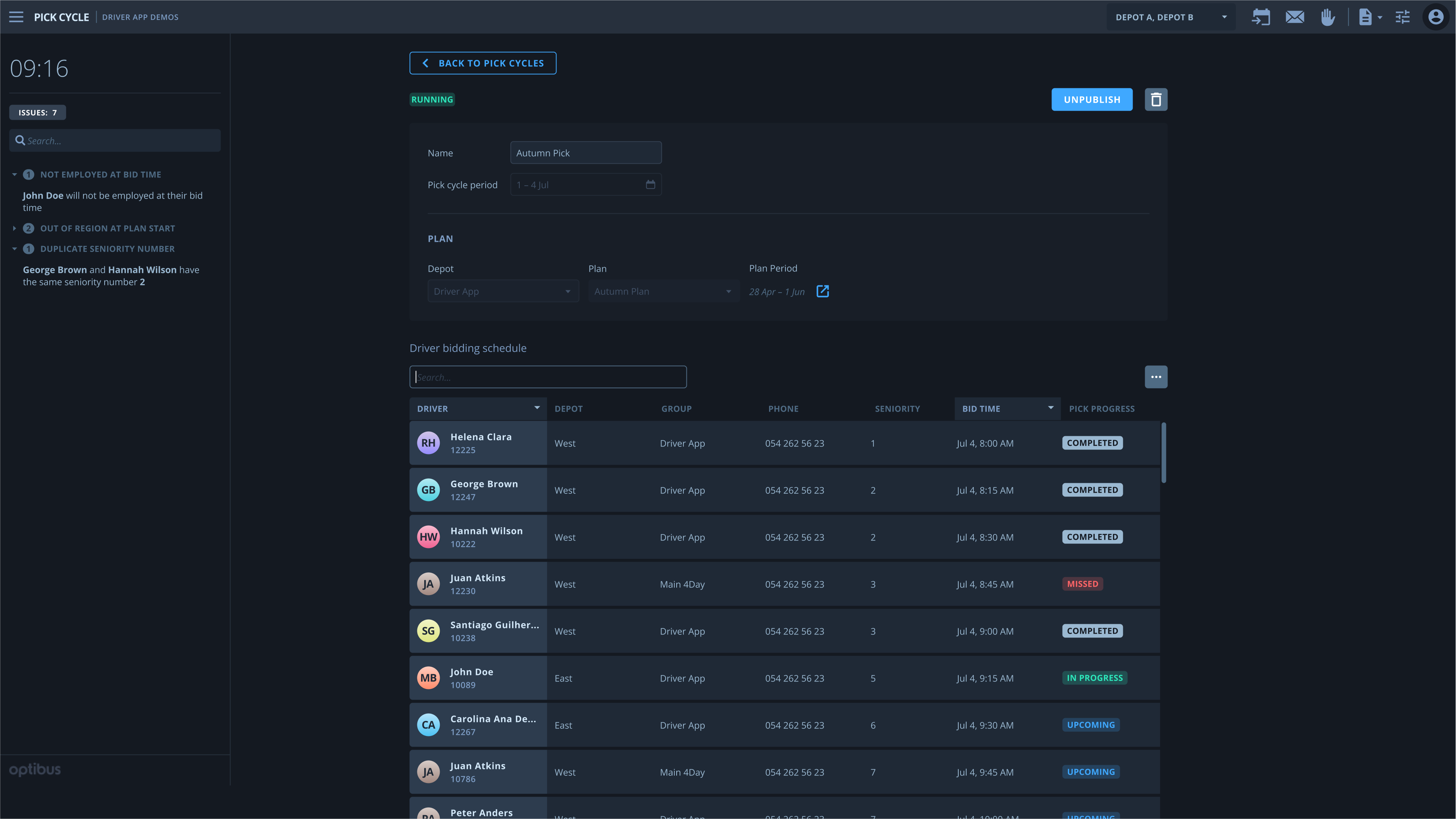 Pick cycle - A view of bid times imported into Optibus Operations