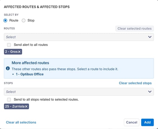 Route and Stop Selection | Service Alerts ROUTES Control