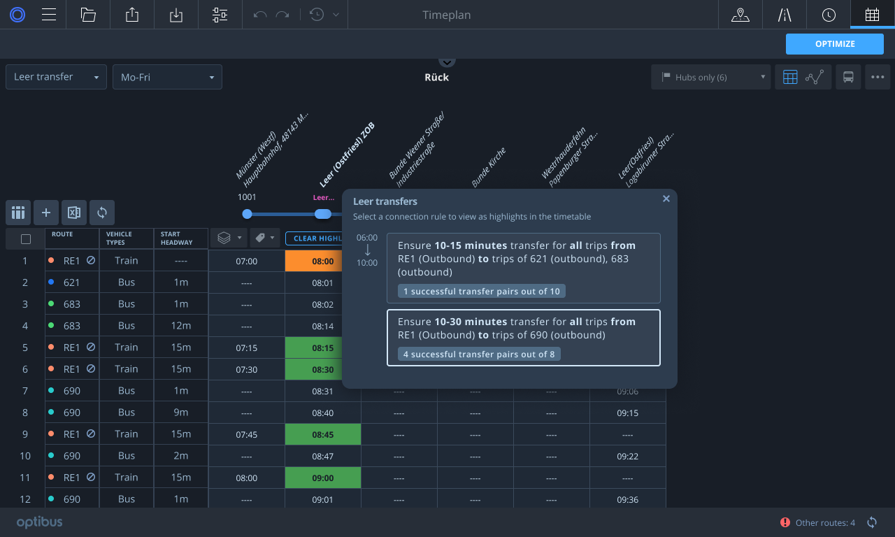 Transfer Display in the Timetable
