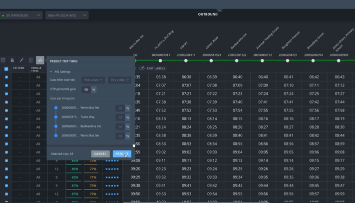 Using Predictive Runtimes, part of Optibus Performance Suite, planners and schedulers can easily predict the likelihood that their trips will run on time, using historical AVL data and more, so they can instantly validate how well theyve 